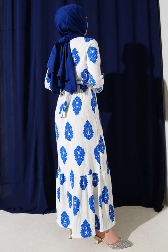 Volanlı Kuşaklı Desenli Bürümcük Elbise Saks