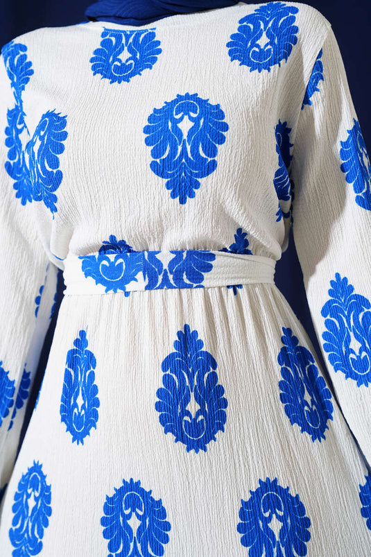 Volanlı Kuşaklı Desenli Bürümcük Elbise Saks