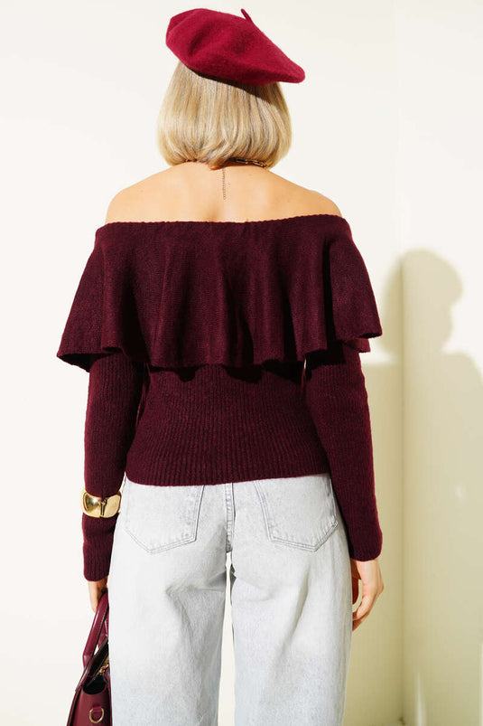 Volanlı Triko Kazak Bordo