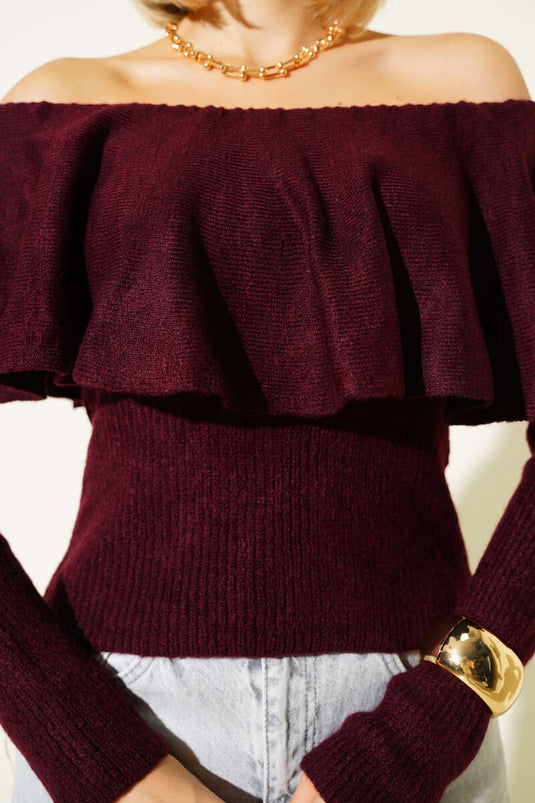 Volanlı Triko Kazak Bordo