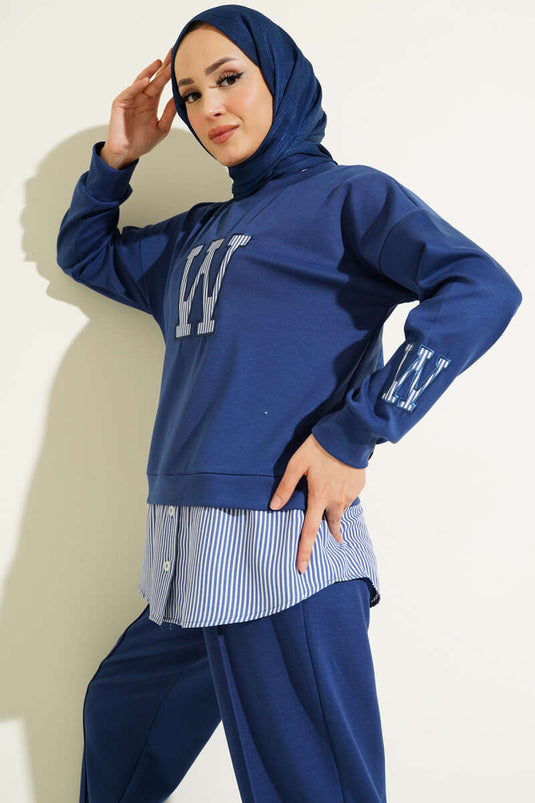 W Printed Striped Garnished Two Piece Suit Indigo