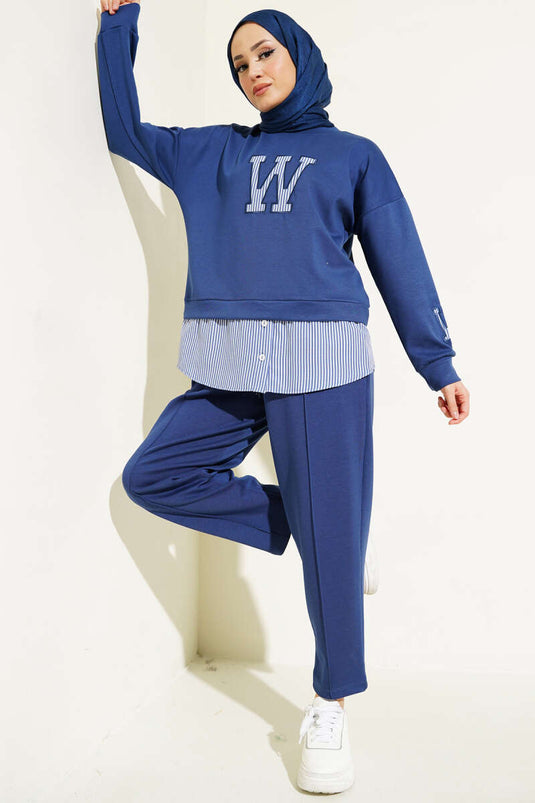 W Printed Striped Garnished Two Piece Suit Indigo