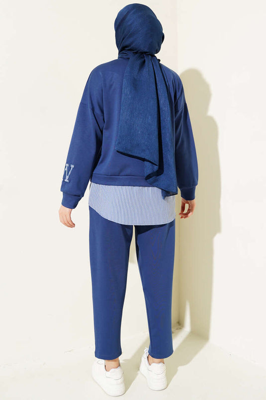 W Printed Striped Garnished Two Piece Suit Indigo