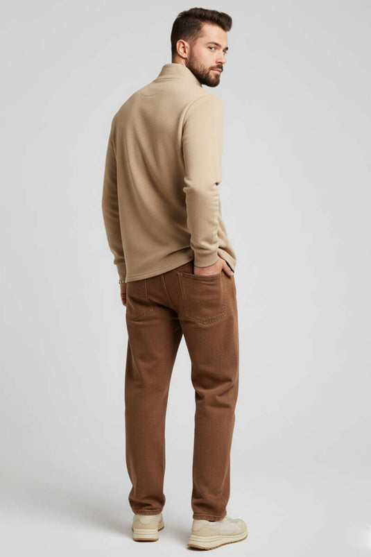 سويت شيرت رجالي بيج اللون بسحاب أمامي بنمط الوافل