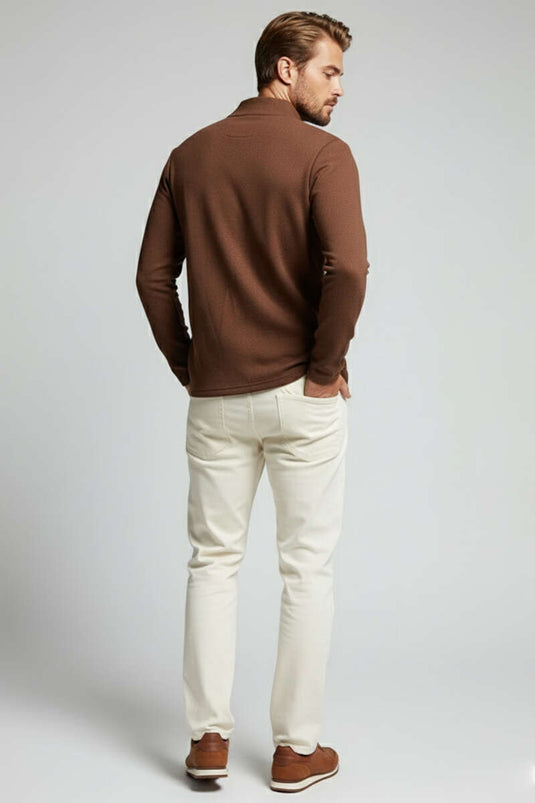 سويت شيرت رجالي بسحاب أمامي بنمط الوافل، لون قهوة