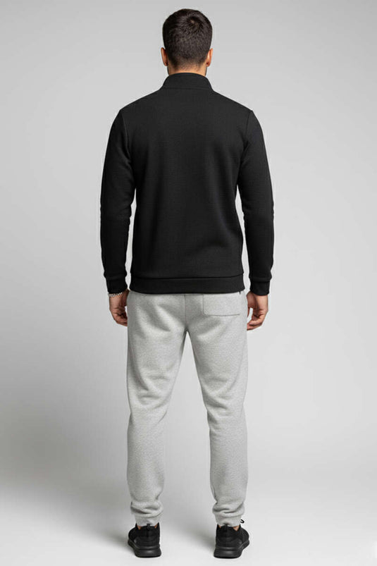 سويت شيرت رجالي أسود بسحاب أمامي بنمط الوافل