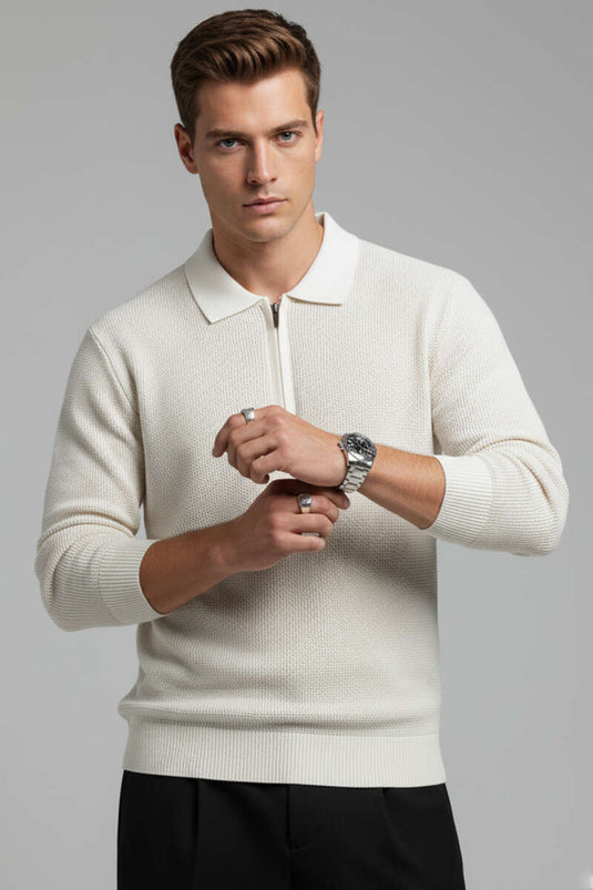 سويت شيرت رجالي بياقة بولو من قماش الوافل، لون بيج فاتح