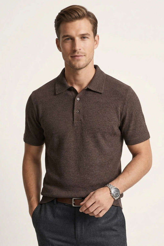T-shirt homme en tissu gaufré à col polo, couleur café