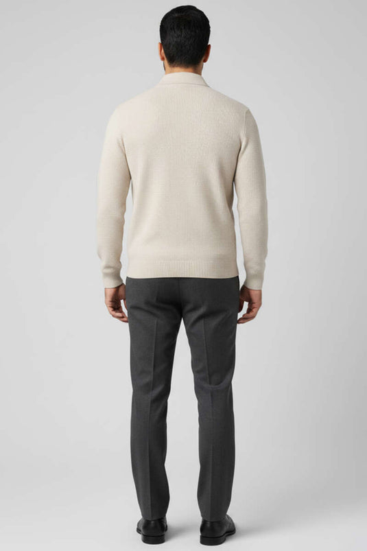 قميص بولو رجالي بسحاب من قماش الوافل بلون بيج