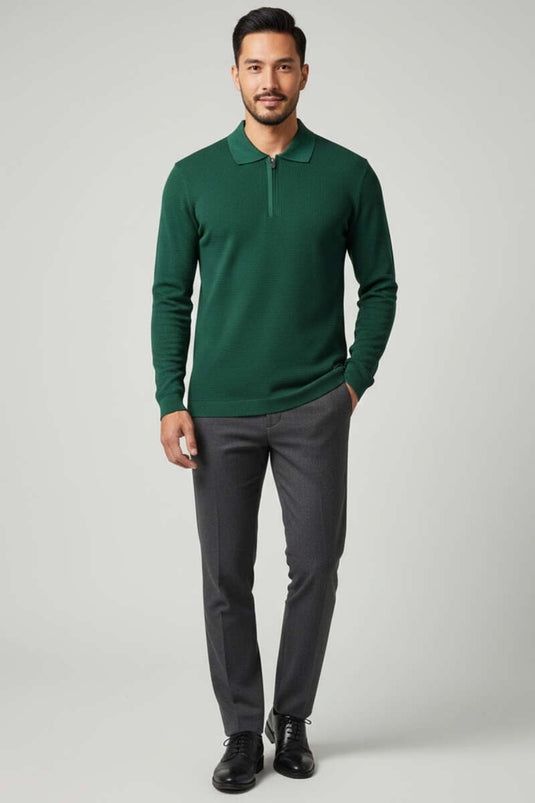 سويت شيرت رجالي بياقة بولو بسحاب من قماش الوافل بلون أخضر زيتوني