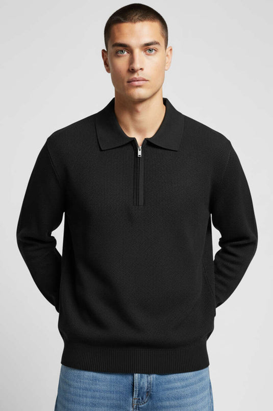 Sweat-shirt homme noir à col polo zippé en tissu gaufré