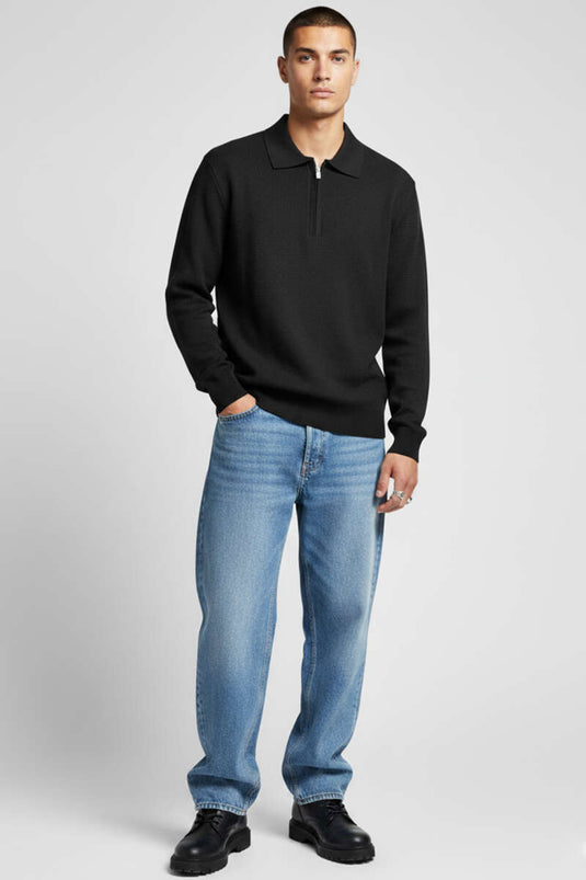 Sweat-shirt homme noir à col polo zippé en tissu gaufré