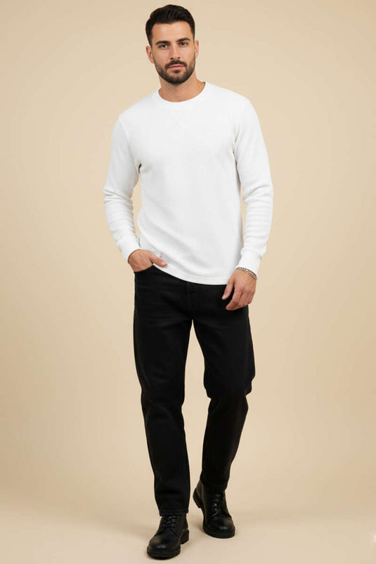 Pull homme à manches longues en tissu gaufré, écru