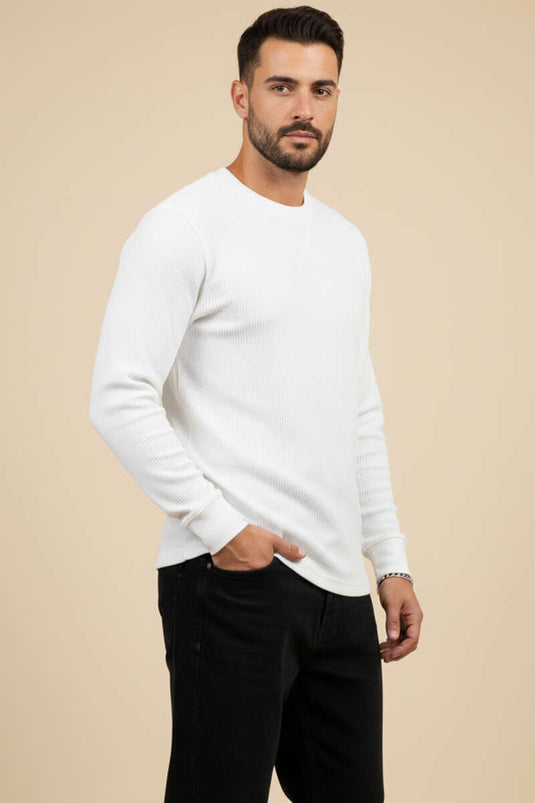 Pull homme à manches longues en tissu gaufré, écru