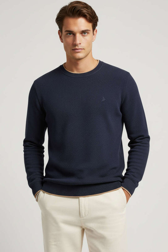 Waffle Nakışlı Triko Sweatshirt Lacivert