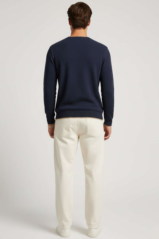 Waffle Nakışlı Triko Sweatshirt Lacivert