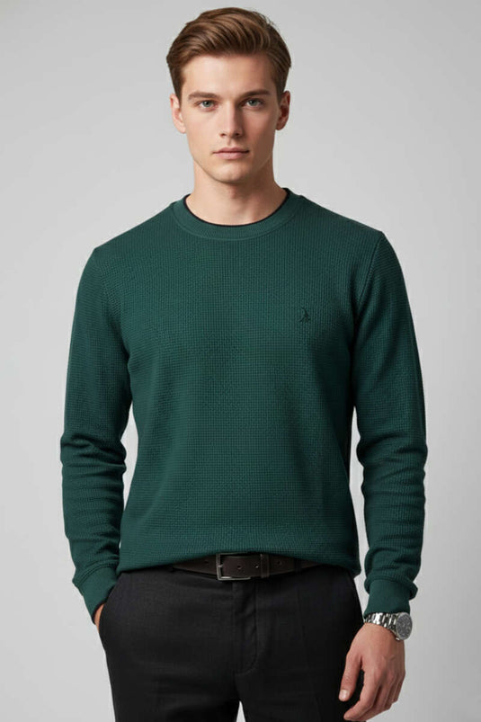 سويت شيرت محبوك مطرز بنمط الوافل، أخضر داكن