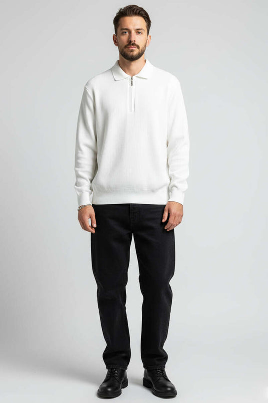 كنزة رجالية محبوكة بياقة بولو بنمط الوافل، لون بيج فاتح