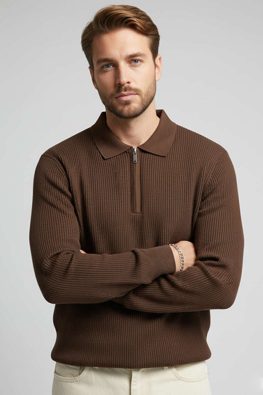 Men's Waffle Polo Collar Knit Sweater, Brown