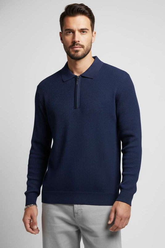 Pull homme en maille à col polo gaufré bleu marine