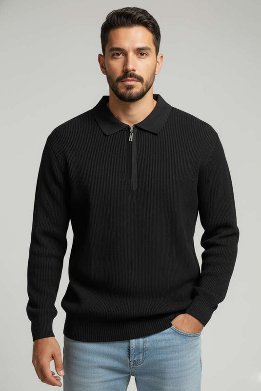 كنزة صوفية رجالية بياقة بولو بنمط الوافل، سوداء