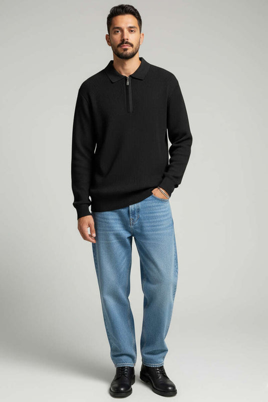 كنزة صوفية رجالية بياقة بولو بنمط الوافل، سوداء