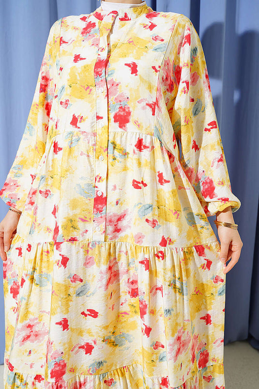 Robe à col officier motif aquarelle jaune