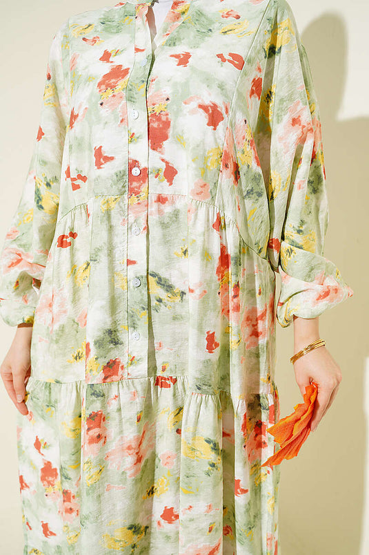 Robe à col officier motif aquarelle verte