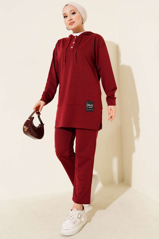 What Ever Embellished Hooded Two-Piece Set in Burgundy