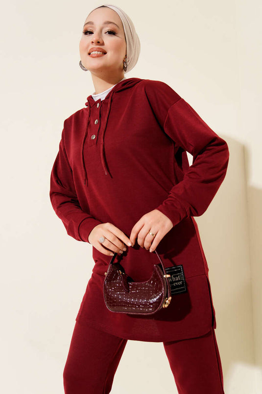 What Ever Embellished Hooded Two-Piece Set in Burgundy