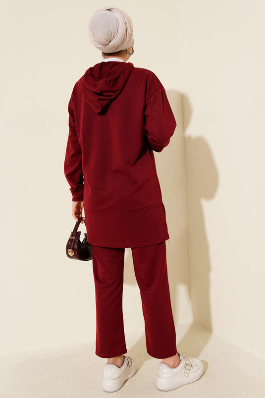 What Ever Embellished Hooded Two-Piece Set in Burgundy