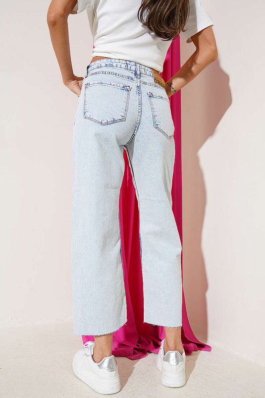 Wide Leg Kesik Paça Kot Pantolon Açık Kar