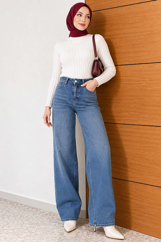 Wide Leg Kot Pantolon Açık Mavi