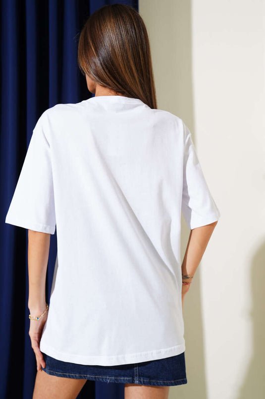 Yaka Ayıcıklı Basic T-shirt Beyaz