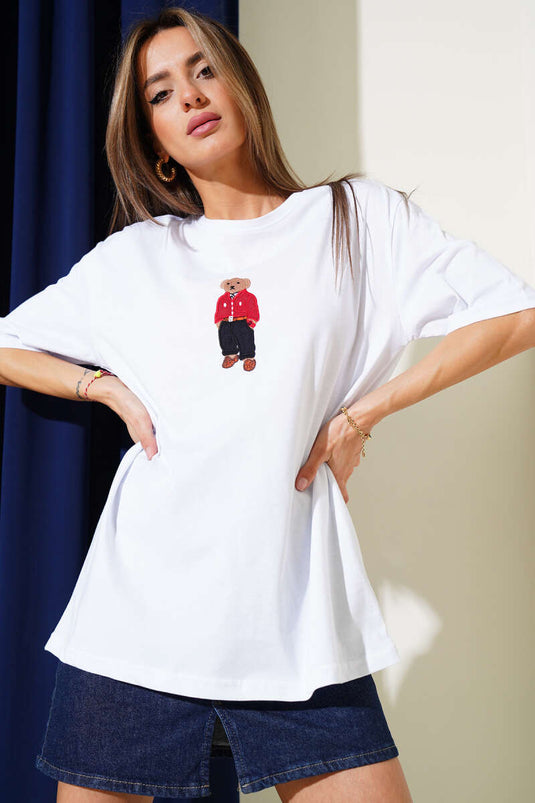Yaka Ayıcıklı Basic T-shirt Beyaz