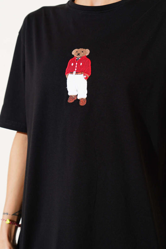 Yaka Ayıcıklı Basic T-shirt Siyah