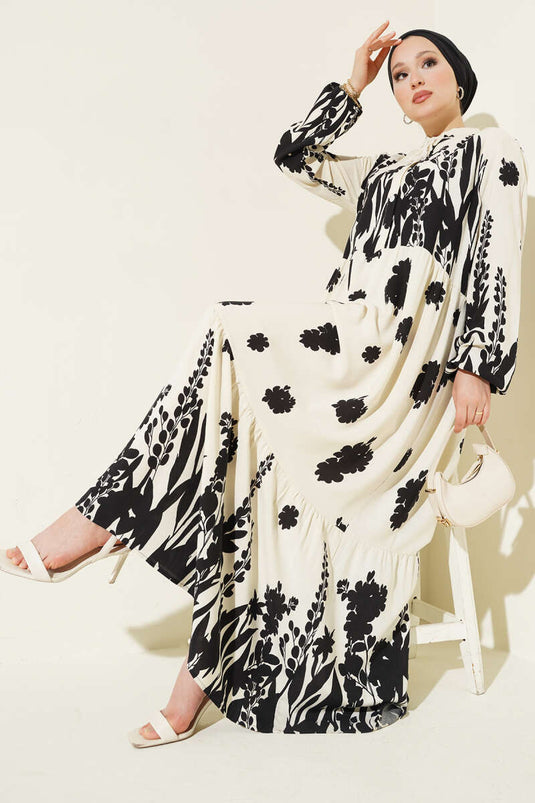 Yaka Bağcıklı Desenli Elbise Bej