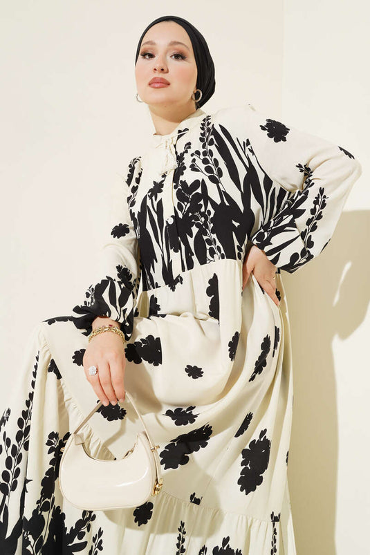 Yaka Bağcıklı Desenli Elbise Bej