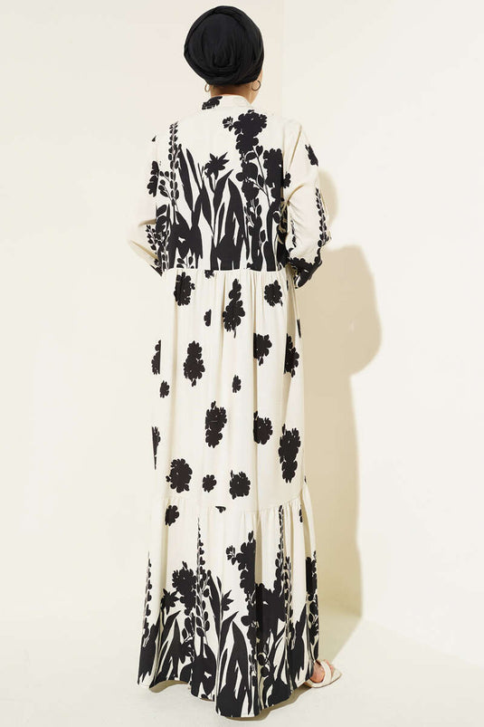 Yaka Bağcıklı Desenli Elbise Bej