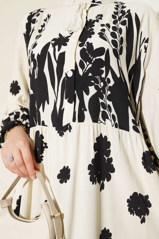 Yaka Bağcıklı Desenli Elbise Bej