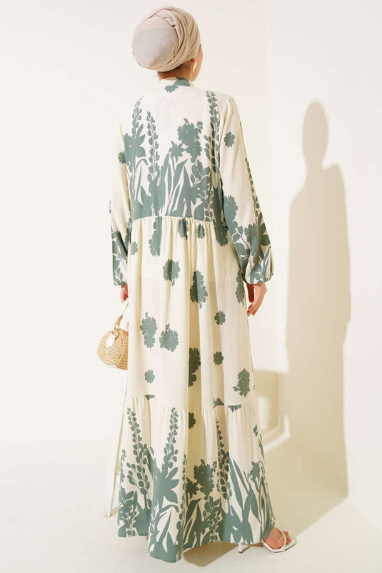 Yaka Bağcıklı Desenli Elbise Çağla Yeşili