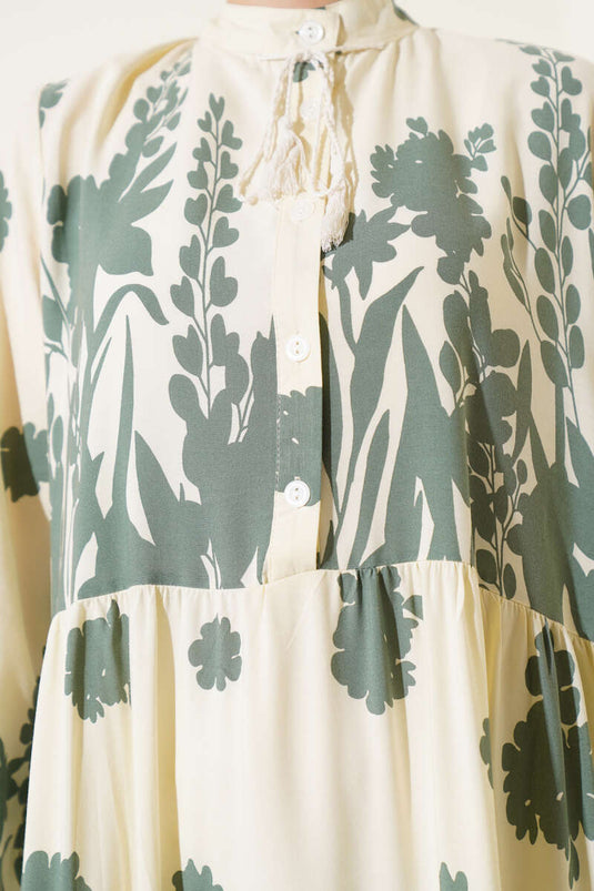 Yaka Bağcıklı Desenli Elbise Çağla Yeşili