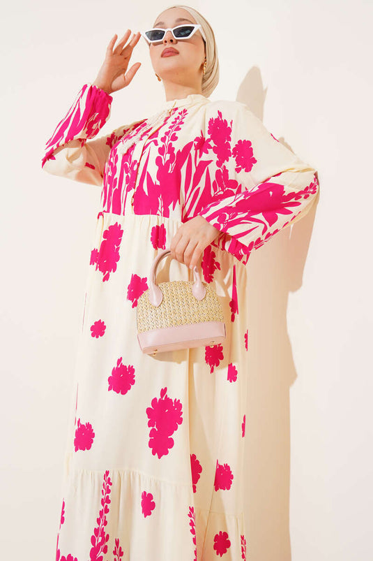 Fuchsia Patterned Dress with Neckline Tie