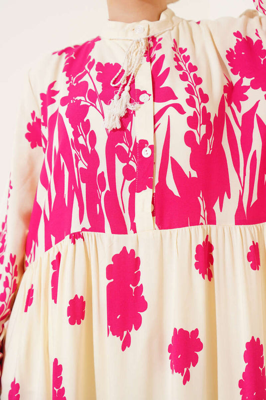 Fuchsia Patterned Dress with Neckline Tie