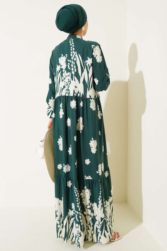 Patterned Dress with Neckline Drawstring, Khaki