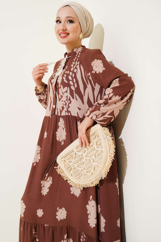 Yaka Bağcıklı Desenli Elbise Kahve