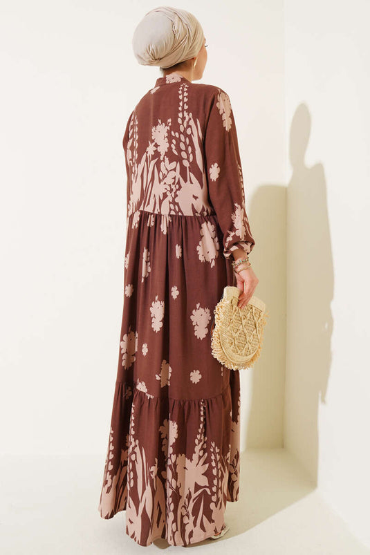 Yaka Bağcıklı Desenli Elbise Kahve