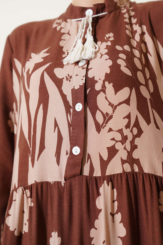 Yaka Bağcıklı Desenli Elbise Kahve