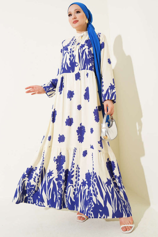 Yaka Bağcıklı Desenli Elbise Saks