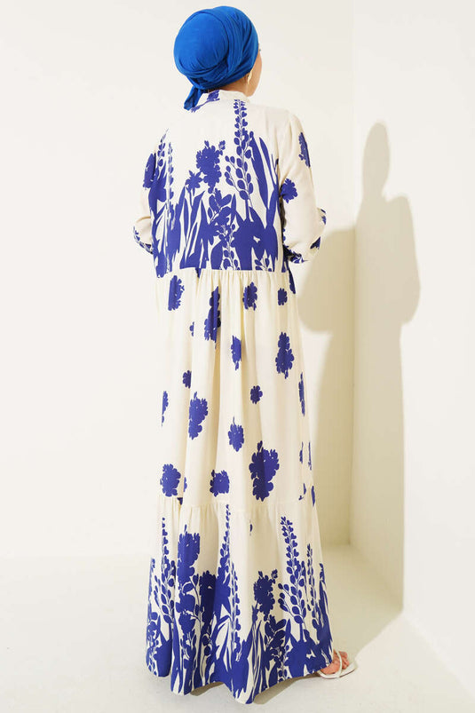 Yaka Bağcıklı Desenli Elbise Saks